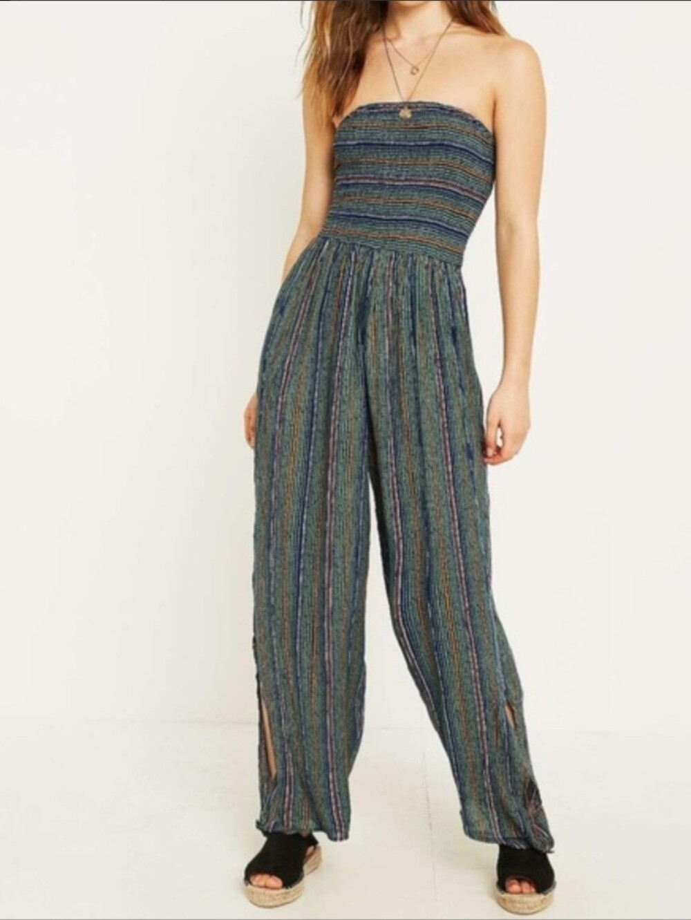 Urban Outfitters Strapless Multicolor Stripe Jumpsuit in Teal & Navy Size S